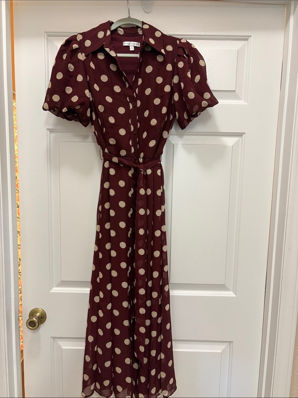 Sandra Darren Burgundy Polka Dot Button-Front Maxi Dress